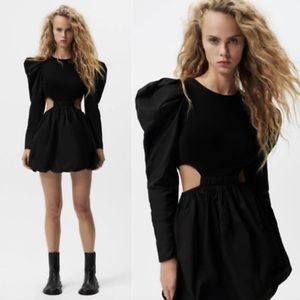 Zara Black Puff Sleeve Cut Out Dress